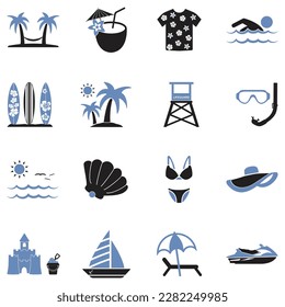 Iconos de vacaciones en la playa. Diseño Plano De Dos Tonos. Ilustración vectorial.