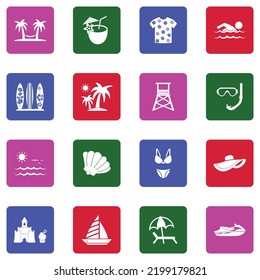 Beach Vacation Icons. White Flat Collection In Square. Vector Illustration.