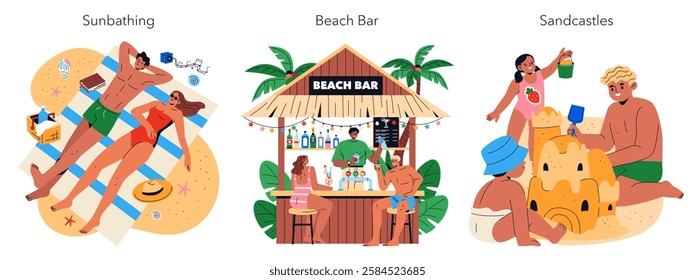 Beach Vacation illustration. Experience the joys of a beach getaway with sunbathing, relaxation, fun at a beach bar, and building sandcastles. This scene captivates the essence of summer enjoyment and