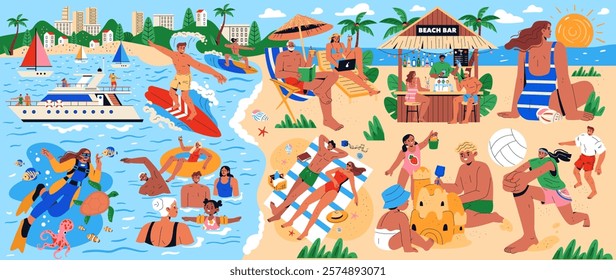 Beach vacation illustration. A lively beachfront with diverse activities, including sailing, swimming, and lounging. Families and friends enjoy different pastimes, creating a carefree summer