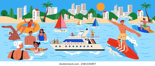 Beach vacation illustration. A lively seaside scene filled with people enjoying water activities. Swimming, surfing, and boat rides create a festive atmosphere under the sun. Ideal for travel and