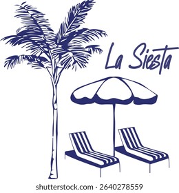 Beach vacation illustration with palm tree, sun loungers, umbrella and text "La Siesta". Relaxing tropical summer design.

