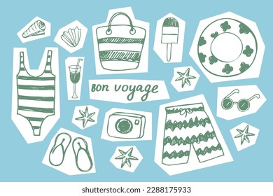 Illustration zu den Ferien am Strand. Set süßer Sommer. Eiscreme-Symbole, Badeanzug, Muscheln, Sonnenbrillen. Kollektion von Sommerscrapbooking, Elemente für Beachparty, Banner, Postkarte. Design-Element. Vektorgrafik