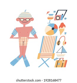 Beach Vacation Kit. A boy in a cap, flippers and goggles. Set of man and beach accessories.
