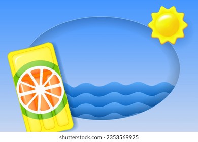 Beach vacation layered poster. Blue sea, sun and inflatable float mattress. Vector illustration
