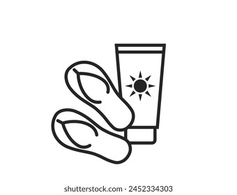 beach vacation line icon. sunscreen and flip flops. summer resort symbol. isolated vector image for tourism design