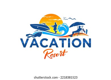 Beach Vacation Logo Design Diving Sunset Vector