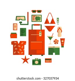 Beach vacation object set. Things for summer travel. Traveling, tourism, vacation icons set. Flat style, vector illustration.