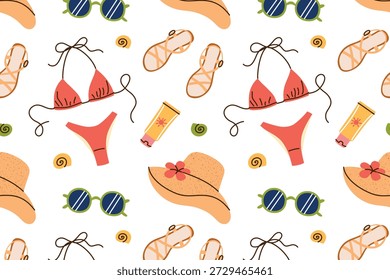 Patrón de vacaciones de playa con accesorios femeninos de verano y sentimiento costero con estilo. Ilustración vectorial plana de dibujos animados para el diseño sin fisuras de viaje, marca de resort, impresiones de moda, embalaje