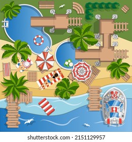 Beach vacation. A place to relax. View from above. Vector illustration.