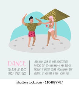 Beach Vacation Poster, Banner. Character Woman and Man Relaxing, Have Fun in the Tropical Resort. Summertime Holidays. Vector illustration