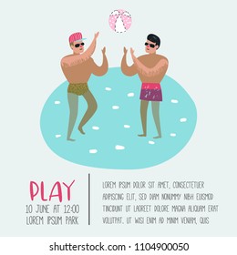 Beach Vacation Poster, Banner. Two Man Playing Ball, Relaxing, Have Fun in the Tropical Resort. Summertime Holidays. Vector illustration