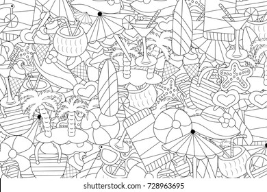 Beach, vacation, and recreation concept. Summer background design. Black and white outline coloring game. Hand drawn doodle style.  Vector illustration.