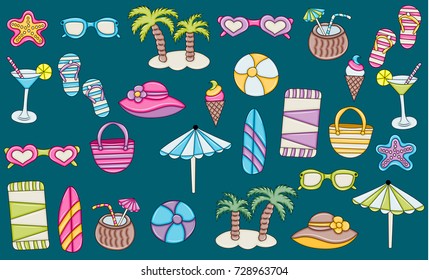 Beach, vacation, and recreation concept. Summer icon objects. Hand drawn doodle style icons set. Print ready stickers. Vector illustration.