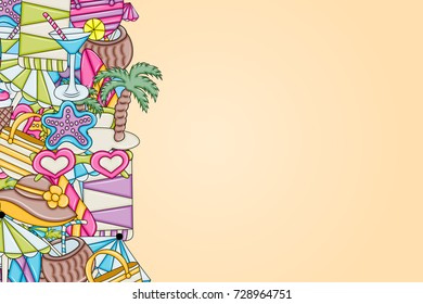 Beach, vacation, and recreation concept. Summer background design for greeting card with space for text. Hand drawn doodle style. ?or advertisement, flyer, banner, brochure. Vector illustration.