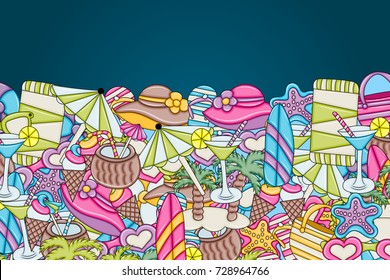 Beach, vacation, and recreation concept. Summer background design for greeting card with space for text. Hand drawn doodle style. ?or advertisement, flyer, banner, brochure. Vector illustration.