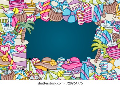 Beach, vacation, and recreation concept. Summer background design for greeting card with space for text. Hand drawn doodle style. ?or advertisement, flyer, banner, brochure. Vector illustration.