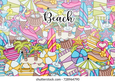 Beach, vacation, and recreation concept. Summer background design for greeting card with space for text. Hand drawn doodle style. ?or advertisement, flyer, banner, brochure. Vector illustration.