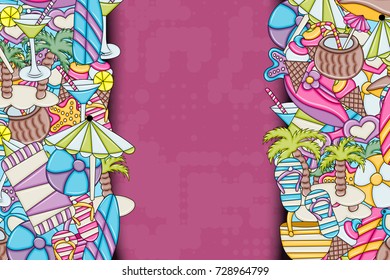 Beach, vacation, and recreation concept. Summer background design for greeting card with space for text. Hand drawn doodle style. ?or advertisement, flyer, banner, brochure. Vector illustration.