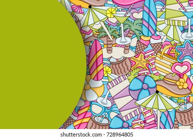 Beach, vacation, and recreation concept. Summer background design for greeting card with space for text. Hand drawn doodle style. ?or advertisement, flyer, banner, brochure. Vector illustration.