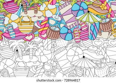 Beach, vacation, and recreation concept. Summer background design. Black and white outline coloring game. Hand drawn doodle style.  Vector illustration.
