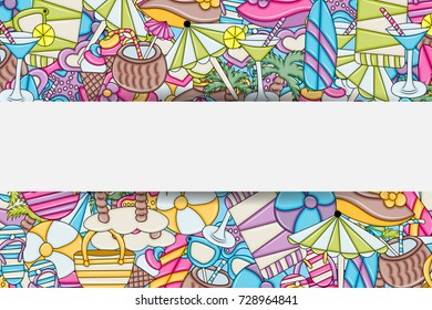 Beach, vacation, and recreation concept. Summer background design for greeting card with space for text. Hand drawn doodle style. ?or advertisement, flyer, banner, brochure. Vector illustration.