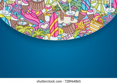 Beach, vacation, and recreation concept. Summer background design for greeting card with space for text. Hand drawn doodle style. ?or advertisement, flyer, banner, brochure. Vector illustration.