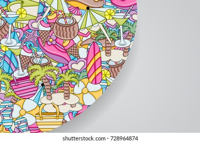 Beach, vacation, and recreation concept. Summer background design for greeting card with space for text. Hand drawn doodle style. ?or advertisement, flyer, banner, brochure. Vector illustration.