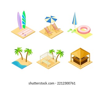 Beach Vacation and Resort Elements with Deckchair, Palm Tree, Surfboard and Bar Isometric Vector Set