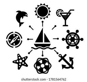 Beach, Vacation, sailing, yacht, ship icon set. Illustration, clip art, vector, sign. Black and white.