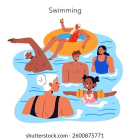 Beach vacation scene filled with lively characters enjoying a refreshing swim. Different ages and backgrounds gather in the water, embodying joy and relaxation. Brightly colored swimsuits and playful
