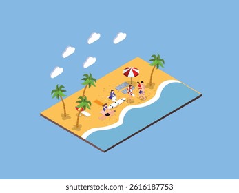 Beach Vacation Scene with People Relaxing and Enjoying Summer Activities 3d flat vector illustrations