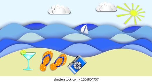 beach vacation at sea, cocktail, beach shoes, yacht, photo camera, paper style vector illustration