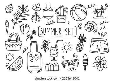 Beach vacation sea line drawings elements. Summer doodle outline sketch. Vector illustration