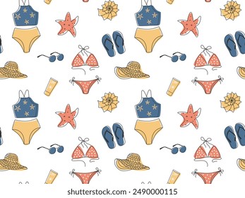 Beach vacation seamless pattern. Doodle abstract bikini, hat, sunglasses, starfish, sunscreen, seashell. Summer sea ocean holidays, tourism, travel background for packaging, cover, textile print