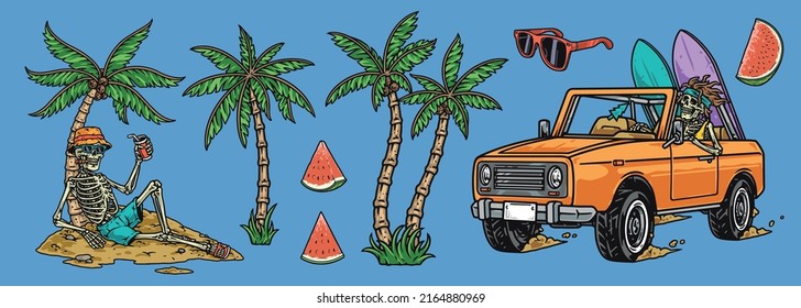 Beach vacation set element vintage colorful dead people under palm trees on tropical island skeleton surfer driving car vector illustration