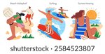 Beach Vacation set. Engaging beach activities create memorable moments by the ocean. Participants enjoy volleyball, surfing, and sunset viewing. The relaxed atmosphere invites fun and connection