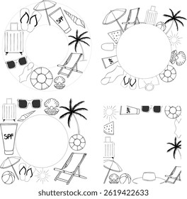 Beach vacation set frame template for text. Vector graphic line ink illustration. A place for text in the center. Banner template for greeting cards, invitations. For logo, package, sticker.
