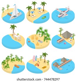 Beach Vacation Set Icons 3d Vista isométrica Incluye de Isla, Arena, Palma, Paraguas y Avión. Ilustración vectorial del resto de tipos diversos