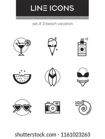 Beach vacation - set of line design style icons isolated on white background. Cocktail, ice cream, spray, watermelon, swimsuit, sunglasses, camera, surfboard and seashell. High quality collection