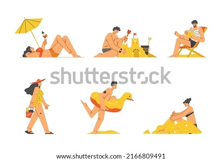 Beach vacation set. Man, tourist resting on beach, vector flat illustration on white background. People in swimsuits in the summer on the seashore