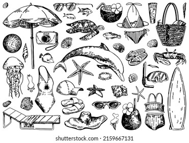 Beach vacation sketches collection. Drawings set of leisure accesories, cocktails, sea animals, swimsuits. Hand drawn vector illustrations. Cliparts isolated on white.