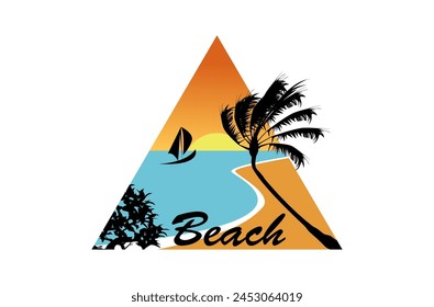 Lugar de vacaciones en la playa, con vistas al mar abierto, palmeras y amanecer, diseño de logotipo de inspiración