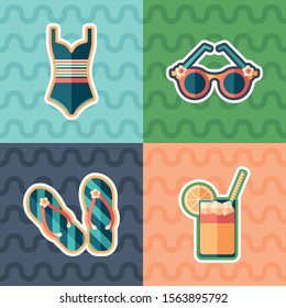 Beach vacation sticker flat icon set.