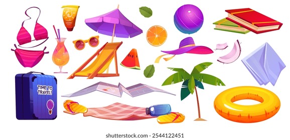 Coisas de férias de praia - mala de viagem, biquíni de natação e óculos de sol, espreguiçadeira com guarda-chuva, palmeira e mapa, cobertor, livros, coquetel de verão e frutas, anel inflável, acessórios de férias tropicais.