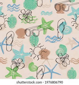 Beach vacation summer background seamless vector pattern with seashells and beach accessories.