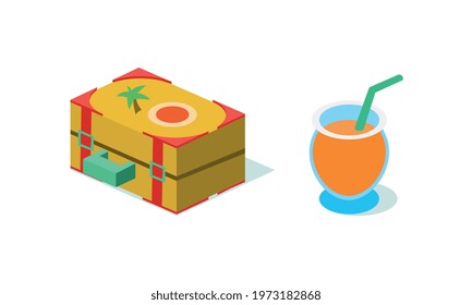 Beach Vacation and Summer Holiday Elements with Suitcase and Cocktail in Glass with Straw Isometric Vector Set