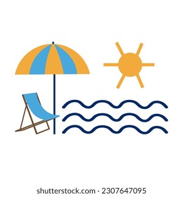 Urlaub am Strand. Sommerkunst. Meer, Sonne, Küste, Sand, Ruhe, Liegeplatz. Sommersymbol, Vorlage, Logo, Hintergrund. Design-Element. Für Poster, Banner, Karten. Von Hand gezeichnet. Vektorgrafik