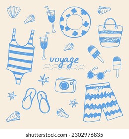 Urlaub am Strand. Sommer nautisches Zubehör Illustration. Eiscreme, Badeanzug, Cocktail, Schwimmbäder, Muscheln, Sonnenbrillen. Sommerstimmung, Strandparty, Urlaub. Für Vorlage, Poster, Banner, Postkarte