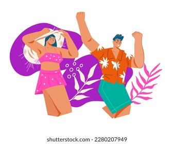 Beach Ferien Sommerparty oder Tanzparty im Schwimmbadbanner mit jungen Tänzern, flache Cartoon-Vektorgrafik einzeln auf weißem Hintergrund.